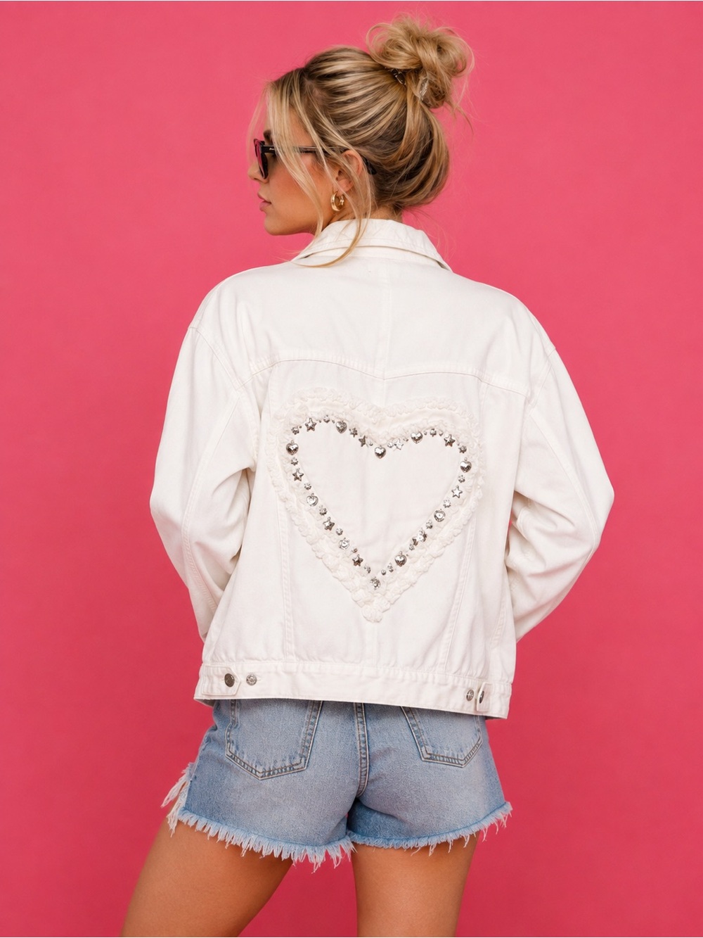 Quacker Factory White Jean Jacket with Chest Embellishments